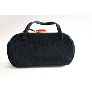 Vintage Black Cloth Purse & Leather Change Purse Spiral Cording 1940's